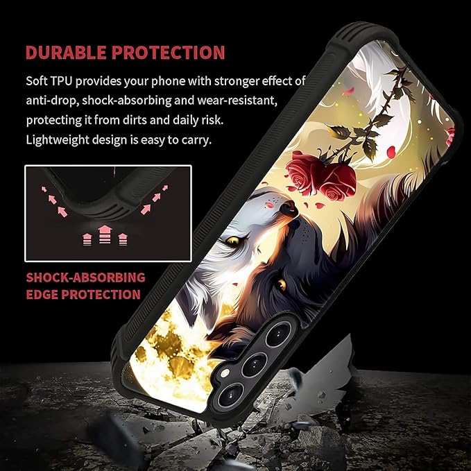 for Samsung Galaxy S23 FE Case, Black White Wolf Moon Flower Rose Pattern Graphic Design Girl Boy Soft Silicone Hard Acrylic Shock Protection for Samsung Galaxy S23 FE