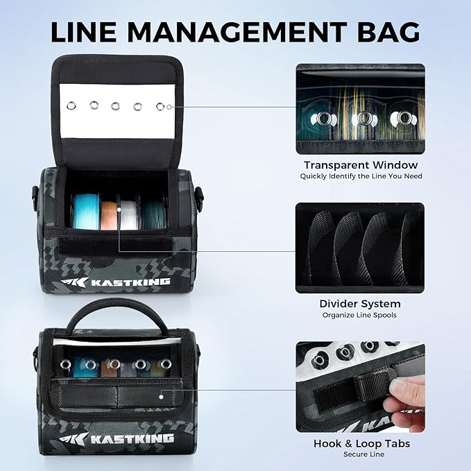 KastKing BaitSpace Line Management Bag, Fishing Line Storage Bag with Water Resistant Nylon, Clear View Window, Removable Divider, Tangle-free Leader Line Holder