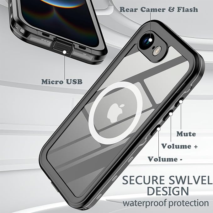 for iPhone 16e Case Waterproof, [Shockproof] [Dustproof] [IP68 Waterproof] Full-Body Hard Case Built-in [Lens Screen Protection] for Diving Case (Black, for iPhone 16e 6.1in)
