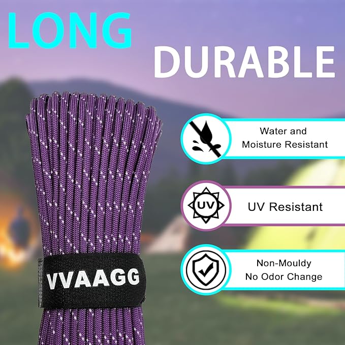 VVAAGG Reflective Paracord Rope 100FT, 7 Strand Nylon para Cord Lanyard Utility 550 Parachute Cord, 4mm Thin Tent Rope for Outdoor Camping Hiking