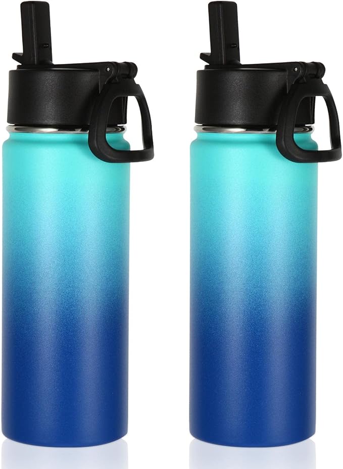 Volhoply 18oz Insulated Water Bottle Bulk 2 Pack,Kids Stainless Steel Water Bottles with Straw Lid,Wide Mouth Reusable Metal Cups,Double Wall Vacuum Sports Flask Keep Hot and Cold(Green Blue,2 Set)