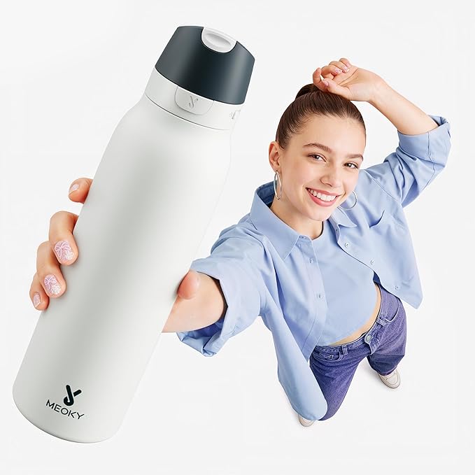 Meoky 24 oz Travel Water Bottle Stainless Steel: Leak Proof Locking Lid, 2-in-1 Straw and Spout, 24 Hours Cold, Top Handle, BPA Free, Slim Insulated Water Bottle for Car Ourdoor, Frost