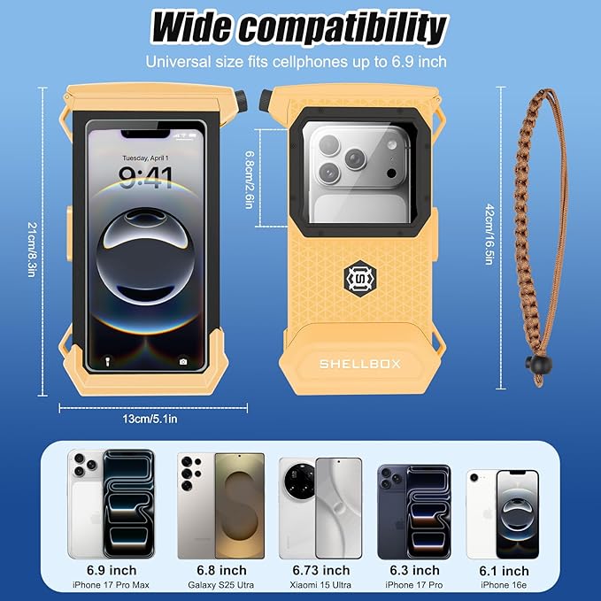 Underwater Phone Case for Snorkeling & Diving (50ft/15m), IP68 Waterproof Case for Swimming, Universal Underwater Touch Screen Case Compatible with iPhone (Yellow + Black, 5th Generation Phone Case)