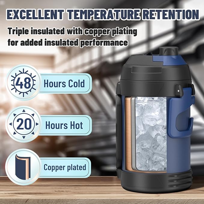 Zukro 1 Gallon Water Jug, One Gallon Large Triple Wall Insulated Metal Jug With Straw and Spout, No Sweat 128 oz Stainless Steel Sport Water Bottle Keeps Cold 48 Hours for Outdoors,