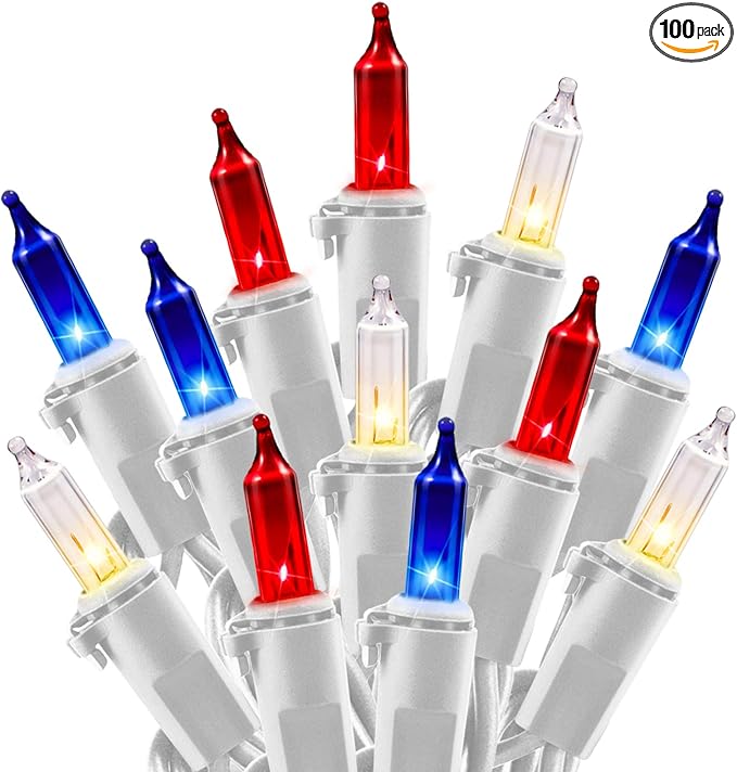 4th of July Decoration Patriotic Mini Lights - 100 Count 20 Feet Red White Blue Incandescent Bulb Waterproof String Lights Plug in for Indoor Outdoor Christmas Party Patio Independence Day Decoration