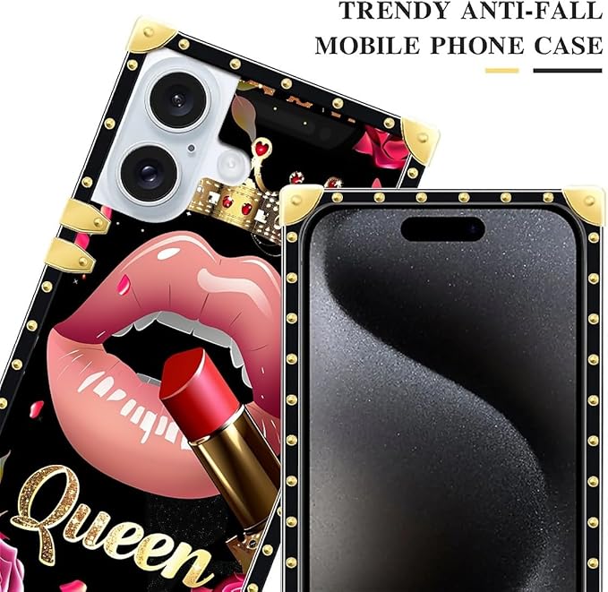Compatible with iPhone 16 Case, Glitter Red Rose Queen Leopard Lipstick Luxury Golden Decoration for Girl Women Soft TPU Shockproof Protective Hard PC Back