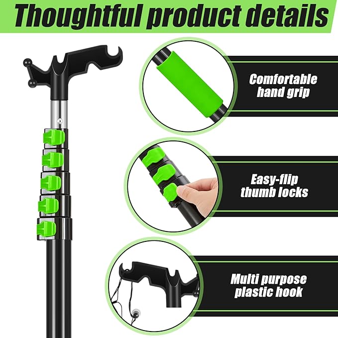 7-36 ft Telescopic Extension Pole with Utility Hook, Multi-Purpose Aluminum Pole for Painting, Dusting and New Year Window Cleaning Christmas Lights Installation Without a Ladder(Green)