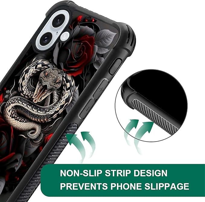for iPhone 16 Case, Entwined Rose Snake Pattern Graphic Design Girl Boy Soft Silicone Hard Acrylic Shock Protection for iPhone 16
