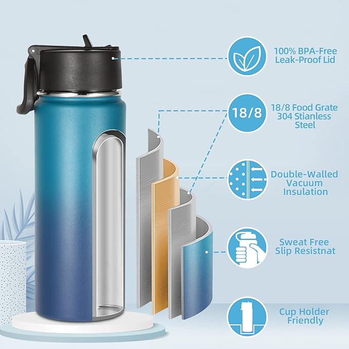 Volhoply 18oz Insulated Water Bottle Bulk 4 Pack,Kids Stainless Steel Water Bottles with Straw Lid,Double Wall Vacuum Reusable Metal Cups,Wide Mouth Sports Flask Keep Hot and Cold(Dark Night,4 Set)