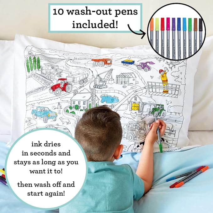 eatsleepdoodle 30x20in White Cotton Pillowcase with 10 Pack Washable Markers for Kids - Cars & Trucks Coloring Activity