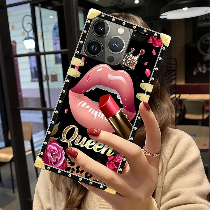 Compatible with iPhone 12 Pro Max Case, Glitter Red Rose Queen Leopard Lipstick Luxury Golden Decoration for Girl Women Soft TPU Shockproof Protective Hard PC Back