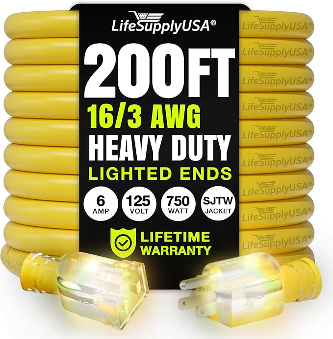 200ft Outdoor/Indoor Extension Cord 16/3 Gauge Heavy Duty 3 Prong SJTW, Waterproof, Flexible Cold-Resistant Long Power Cord,6A 125V 750W, Yellow by LifeSupplyUSA