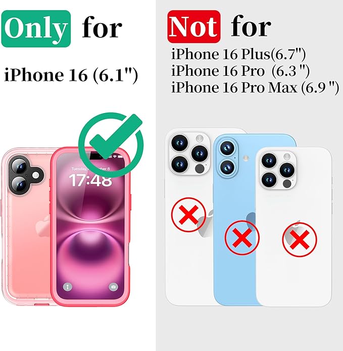 Cozycase for iPhone 16 Case Waterproof - 360 Heavy Duty with Screen/Camera Protector Shockproof IP68 Underwater Dustproof Water Dust Shock Proof Full Body/Front and Back Case Pink/Frosted Clear