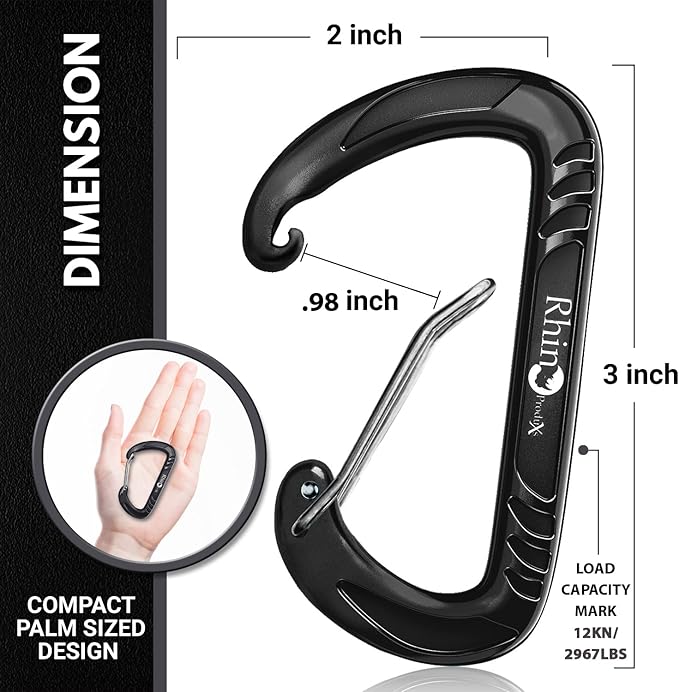 Rhino Produxs 12kN (2697 lbs) Heavy Duty Carabiner Clips, for Securing Pets, Outdoor, Camping, Hiking, Hammock, Dog Leash Harness, Keychains