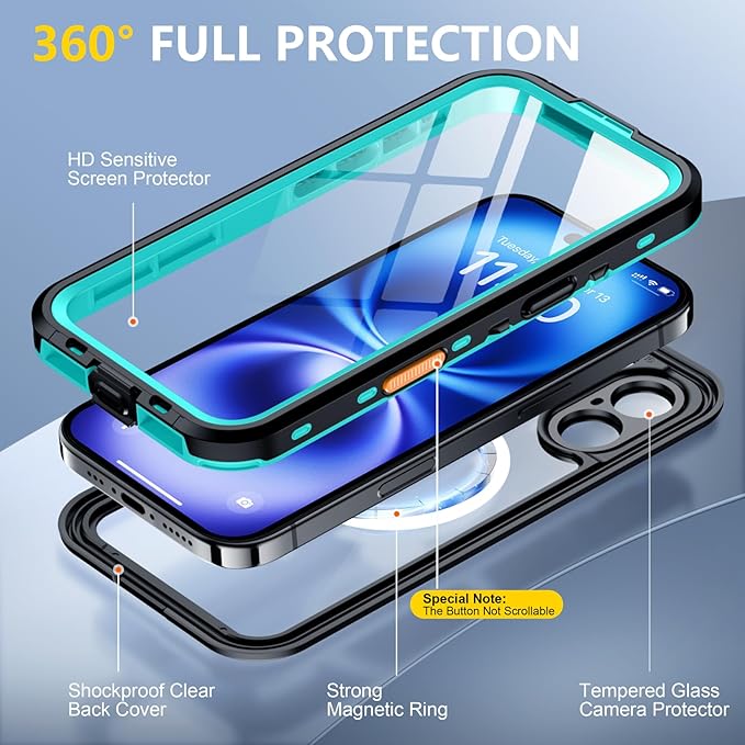 Red2Fire for iPhone 16 Case Waterproof, [Built-in Screen Protector & Camera Protector][Compatible with MagSafe][Full Body Shockproof][IP68 Waterproof][Dustproof] Phone Case 6.1" Blue/Clear