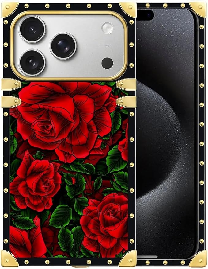 for iPhone 17 Pro Case Luxury Golden Decoration for Girl Women Soft TPU Shockproof Protective Hard PC Back for iPhone 17 Pro Crazy Pattern Vector Red Rose Green Leaf