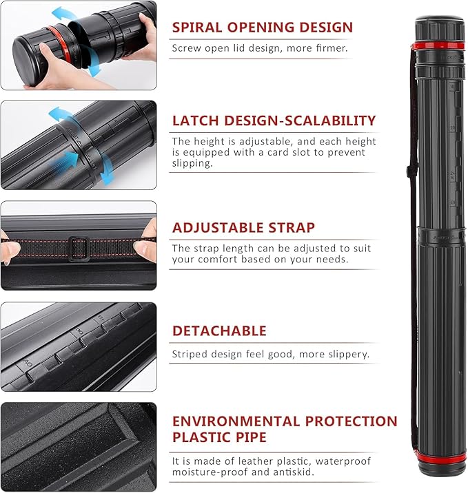 DEWEL Post Tube Expands from 30”to 51”, Waterproof Blueprint Holder Telescoping Art Tube, Large Plastic Black Fishing Rods Case Storage Tube, Light Resistant Drawing Tube with Strap (XL Size)