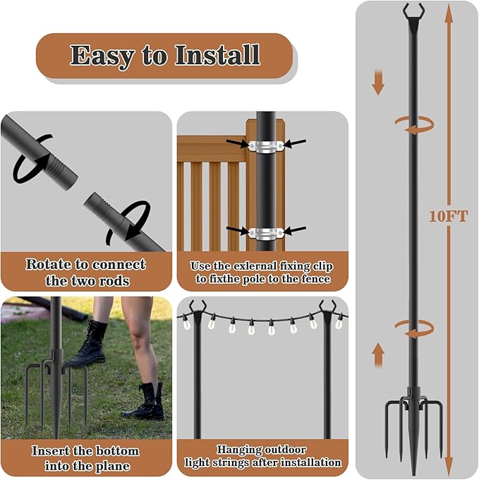 NUERPO 4 Pack String Light Poles,Metal Poles for Hanging Outdoor Light Strings,4 Pack 10 FT Light Poles Stand for Outside Garden,Patio,Wedding,Backyard,Deck,Party