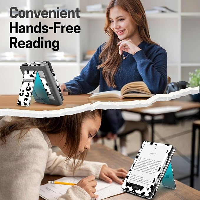 TNP Stand Case for Kindle Paperwhite 12th Generation 2024 / Kindle Colorsoft Signature Edition with Hand Strap & Card Slot - 7" PU Leather Protective Folio Cover with Auto Wake/Sleep, Cow Print