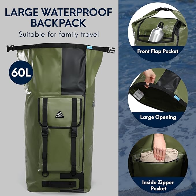 Haimont Dry Waterproof Roll Top Backpack Marine Dry Bag River Pack with Waist Belt Camping Surfing 60L, Army Green/Black