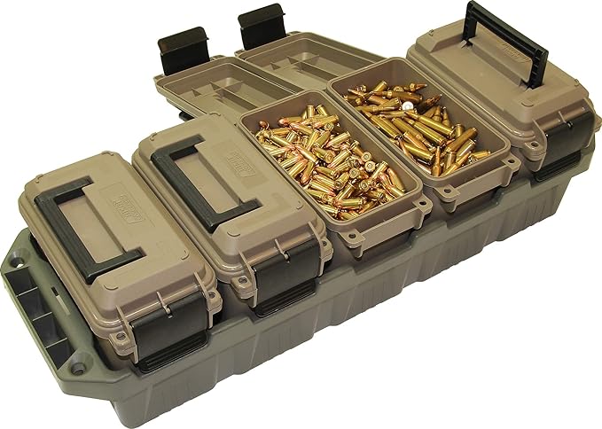 MTM AC5C 5-Can Ammo Crate Mini, Convenient size, Store 650 rounds of 9mm bulk ammo, Stackable, easy carry and transport of multi-caliber ammo, Rugged tactical carrying crate