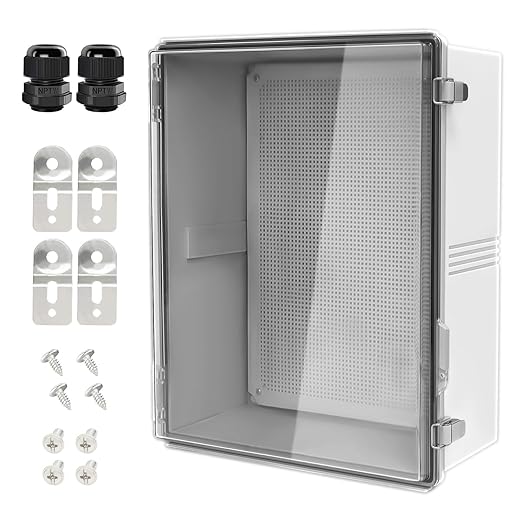 LeMotech Electrical Box, IP67 Waterproof Hinged Clear Cover Stainless Steel Latch Junction Box, ABS Plastic Electrical Enclosure with Mounting Plate,Wall Brackets, Cable Glands,19.6"x15.7"x7.8",Grey