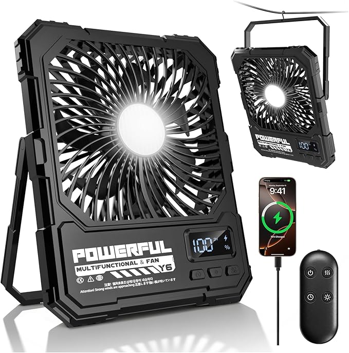 yAyusi 20000mAh Battery Powered Portable Travel Fan, Ultra-Slim 8Inch Rechargeable Camping Fan with Remote Controller, Maximum Battery Life of 82 Hours, Suitable for Bedrooms, Cruise, Tents, Travel