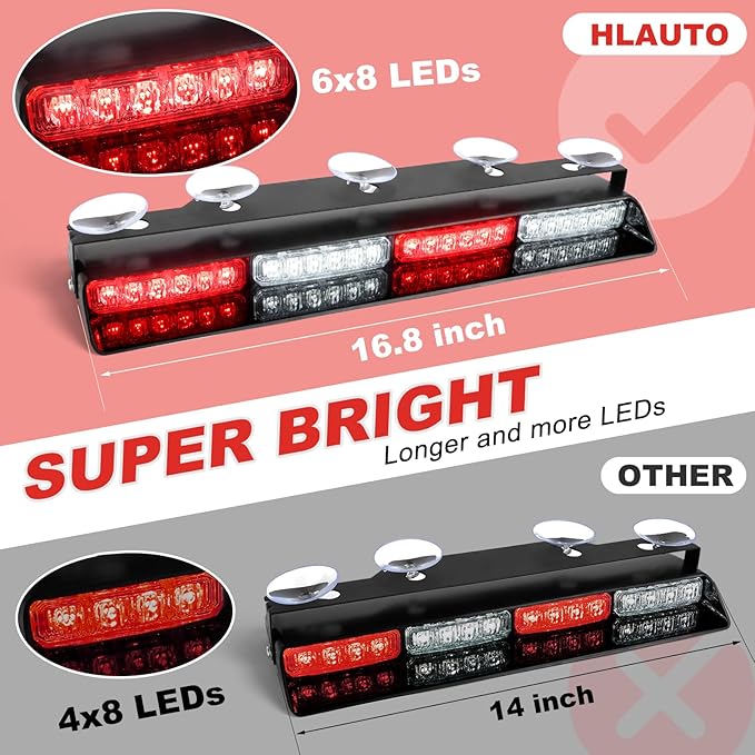 HLauto 604N Emergency Dash Strobe Lights: 2x16.8 inch Red White Security Light w/Take Down, 48 LED Safety Flashing Warning Hazard Interior Windshield Light Bar for Trucks Vehicles
