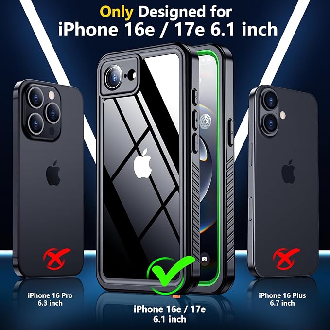 SPIDERCASE for iPhone 16e Case/iPhone 17e Case Waterproof,Built-in Screen & Camera Lens Protector[IP68 Underwater] Full Body Protection Phone Case for iPhone 16e/iPhone 17e 6.1'', Green/Clear