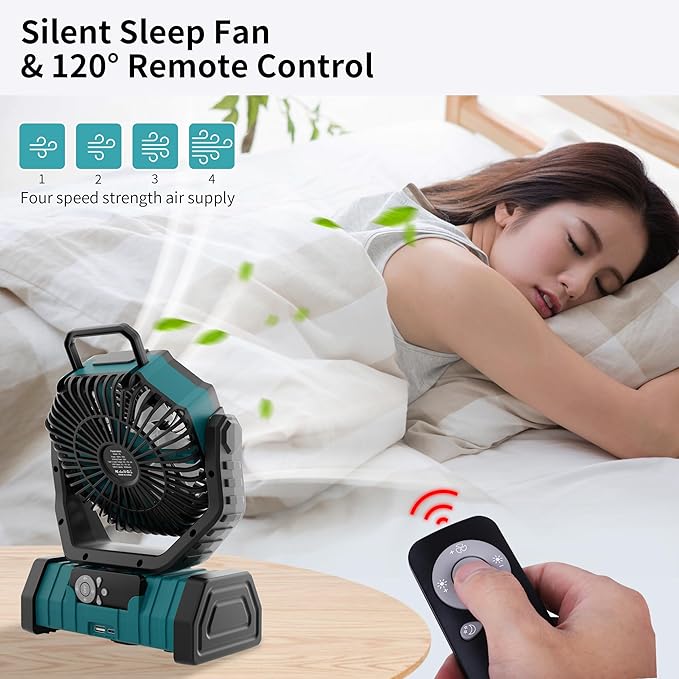20000mAh Outdoor Camping Fan Battery Operated,Portable Rechargeable Battery Powered Fan with LED Light,360°Oscillating & 8H Timer USB Rechargeable Personal Cordless Travel Fans with Hook F6 Cyan