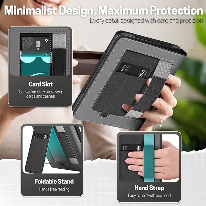 TNP Stand Case for Kindle Paperwhite 12th Generation 2024 / Kindle Colorsoft Signature Edition with Hand Strap & Card Slot - 7" PU Leather Protective Folio Cover with Auto Wake/Sleep, Black