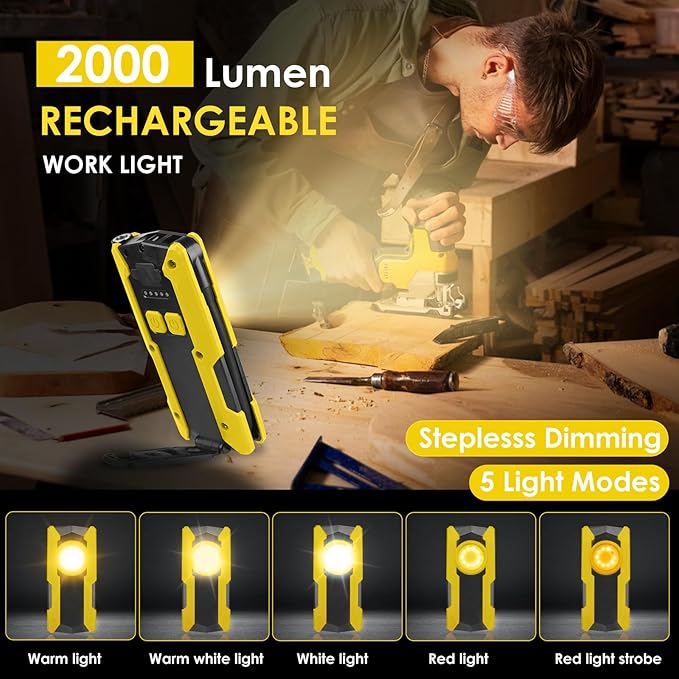 Rechargeable LED Work Light, OTYTY 40W 2000LM Magnetic Work Light Battery Powered Portable Flood Light with Gooseneck Flashlight for Car Repairing, Camping, Inspection