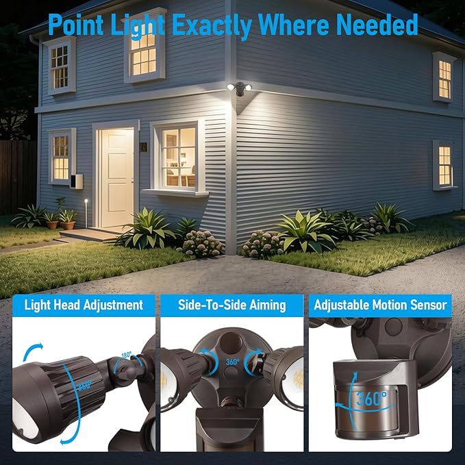 LEONLITE 3CCT LED Security Light, Motion Sensor Outdoor Lights, Dusk to Dawn, ETL Listed, Adjustable Heads, 3000K4000K5000K Selectable, Motion Detector Flood Light, Aluminum, IP65 Waterproof, Bronze