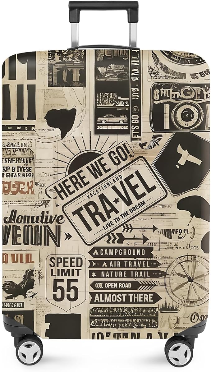 ANNA QUEEN Vintage Travel Collage Luggage Cover, Retro Suitcase Protector, Stretchable Washable Cover for 28-30 Inch Luggage