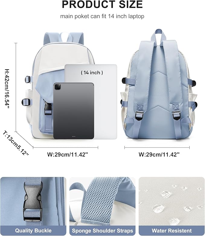 coowoz School Bag Lightweight Casual Daypack College Laptop Backpack for Men Women Water Resistant Travel Rucksack for Sports High School Middle Bookbag for girls(Blue white)
