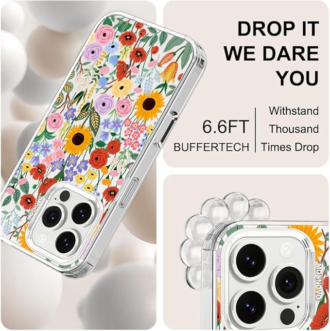 MOSNOVO Case for iPhone 16 Pro, [Buffertech 6.6ft Military-Grade Drop Protection] [Anti Peel Off Tech] Clear TPU Bumper Phone Case Cover Design - Blossom & Bloom