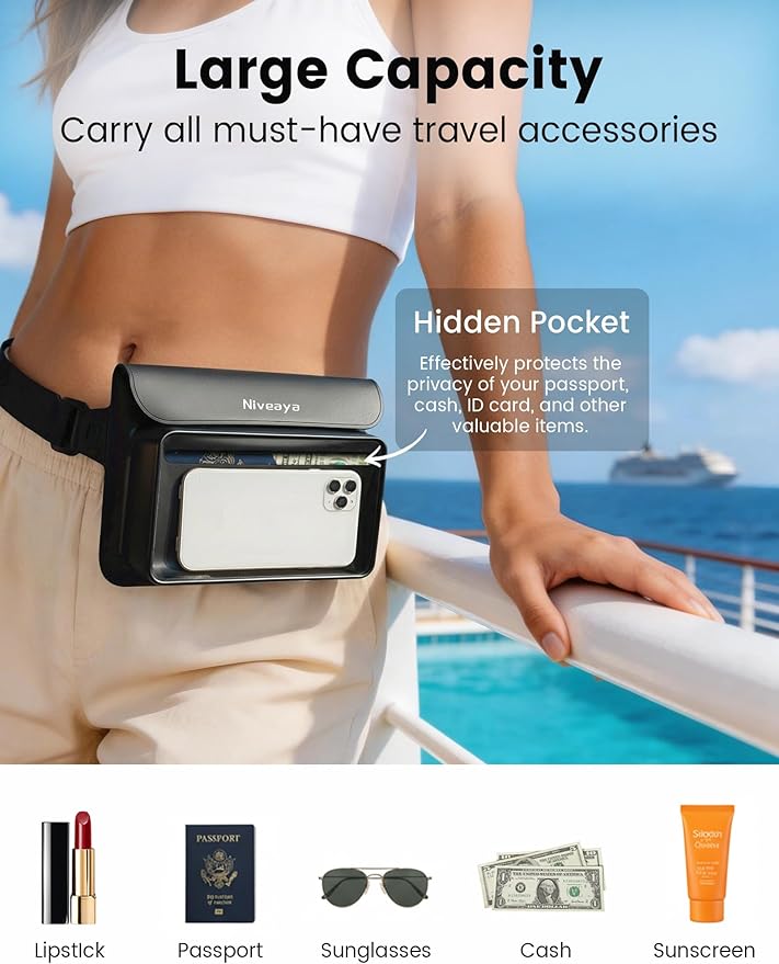Niveaya IPX8 Waterproof Fanny Pack for Men Women, Large Capacity Touch Screen Dry Bag for Kayaking, Paddle Boarding, Waterpark & Swimming Essentials, Adjustable Waist Strap Pouch for Cell Phone