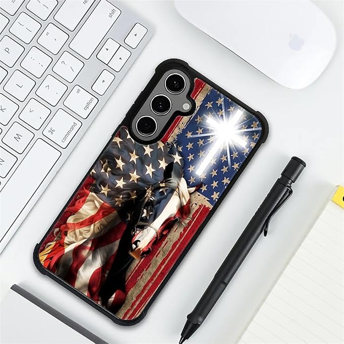 for Samsung Galaxy S24 S25 Plus Case, Red American Flag Horse Cross Pattern Graphic Design Girl Boy Soft Silicone Hard Acrylic Shock Protection for Samsung Galaxy S24 S25 Plus