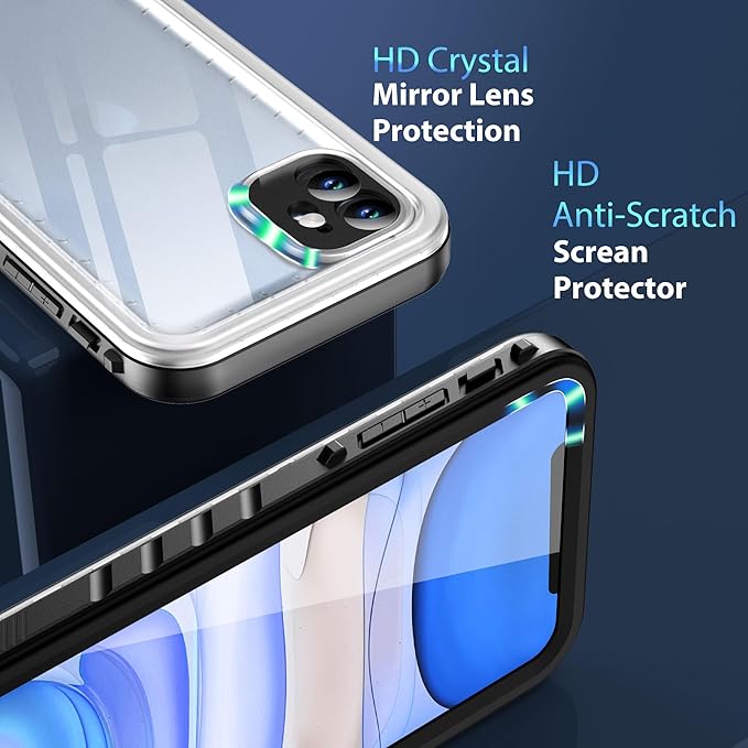 SPORTLINK Waterproof Case for iPhone 11, Full Body Heavy Duty Protection Full Sealed Cover Shockproof Dustproof Built-in Clear Screen Protector Rugged Case for iPhone 11 6.1 Inch Frosted Clear/Black