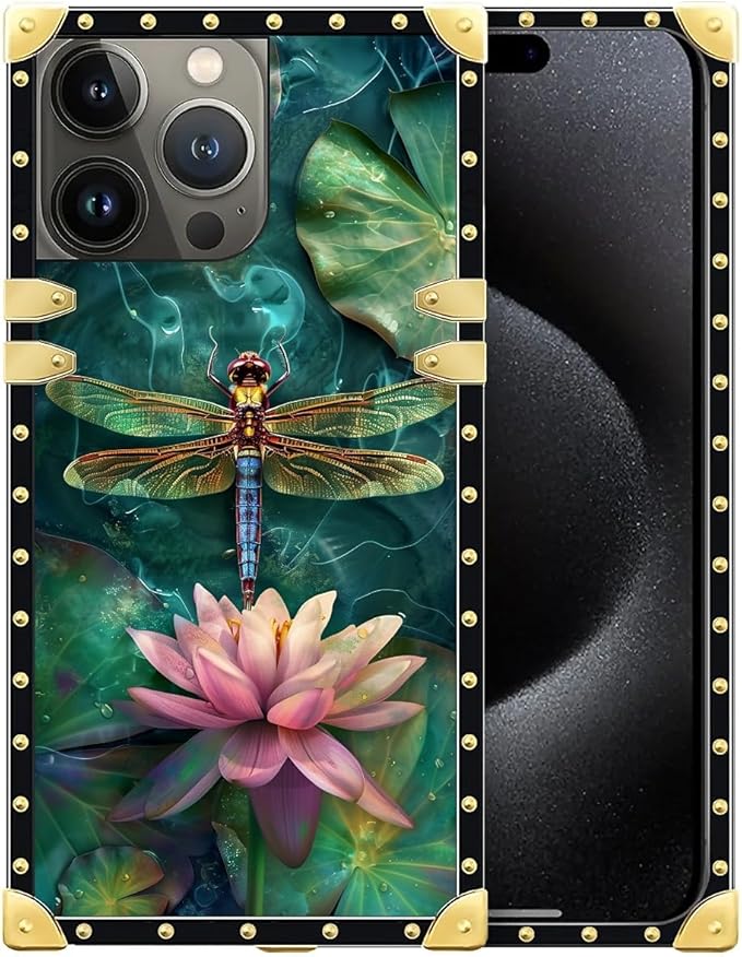 Compatible with iPhone 16 Pro Max Case, Colourful Dragonfly Pink Lily Pads Luxury Golden Decoration for Girl Women Soft TPU Shockproof Protective Hard PC Back
