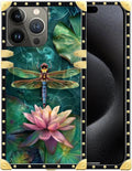Compatible with iPhone 16 Pro Max Case, Colourful Dragonfly Pink Lily Pads Luxury Golden Decoration for Girl Women Soft TPU Shockproof Protective Hard PC Back