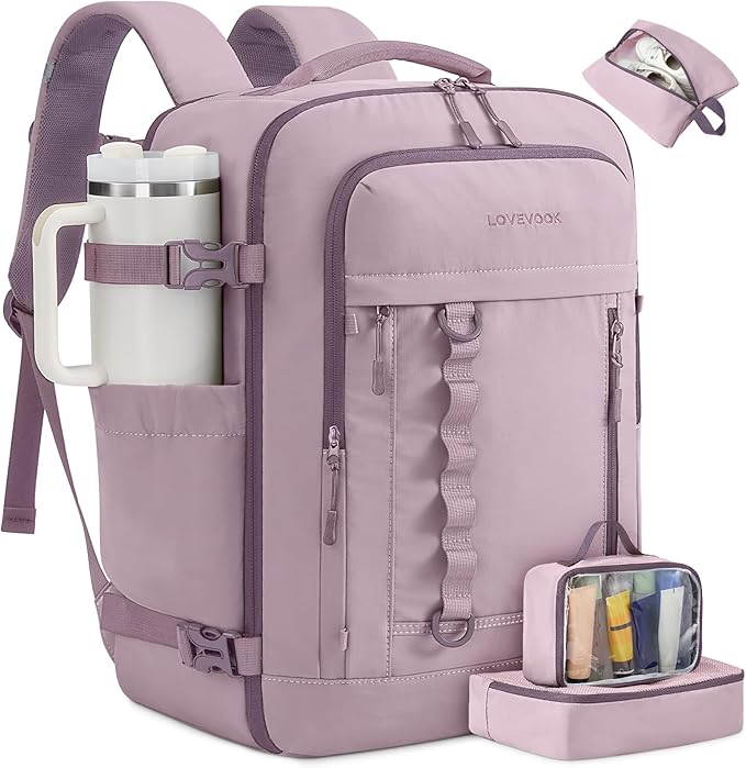 LOVEVOOK 50L Travel Backpack for Men Women, Waterproof Carry On Backpack for Work & Travel, Flight Approved Personal Item with 3 Packing Cubes, TSA Bag Fits 17.3" Laptop,Grape purple