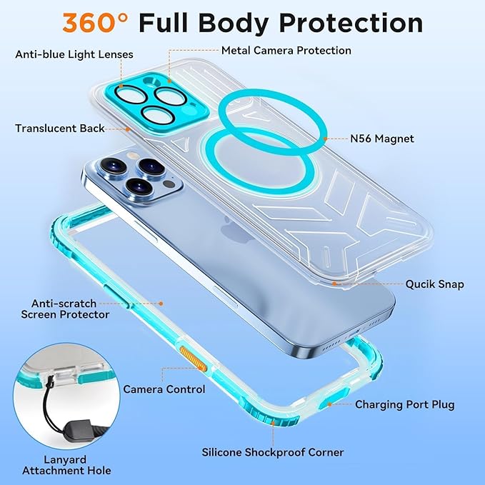 WIFORT for iPhone 16 Pro Max Waterproof Case, [IP68 Underwater] [Blue Light Filter Lens] [15FT Military Shockproof], Fit for Magsafe Full Body Magnetic Frosted Phone Case with Lanyard, 6.9" Teal