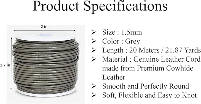 GENIQUE Real/Genuine Round Leather String Cord for Necklace, Bracelets, Jewelry, Kumihimo Braiding, DIY Projects (20 Metres) (1.5mm, Grey)