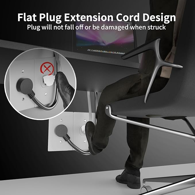 HUANCHAIN 14 Gauge 6 Feet (2 Pack) Flat Plug Extension Cord Black Indoor Outdoor, Heavy Duty 3 Prong Grounded Low Profile Extension Wire Flexible, 15A 1875W 125V 14AWG SJTW, ETL Listed