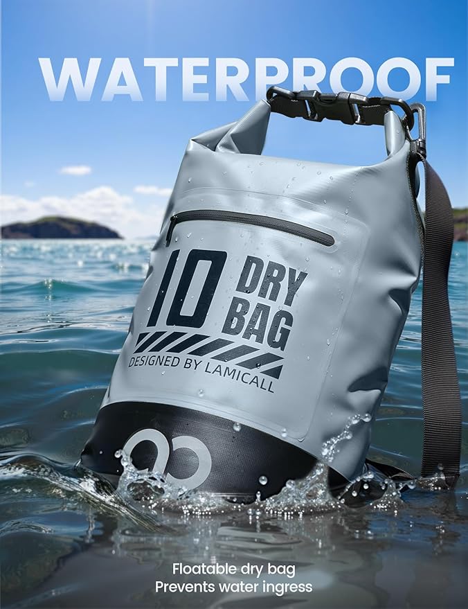 Lamicall Waterproof Dry Bag with Phone Pouch, Floating Roll Top Backpack, 20L, Grey
