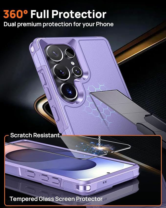 Lanhiem for Samsung Galaxy S25 Ultra Phone Case with Tempered Glass Screen Protector, Shock Absorption, Anti-Scratch Shockproof Case Cover for Samsung S25 Ultra, Purple