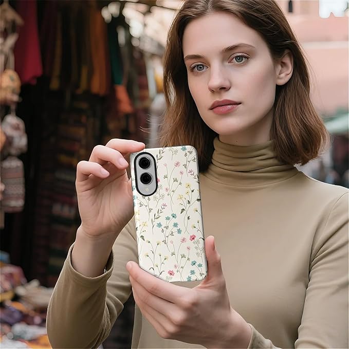 for Samsung Galaxy S25 Edge Case,HL2 Beige Flower Branch Hybrid 2 Layer Hard Shell Silicone Protective Pattern Design Case