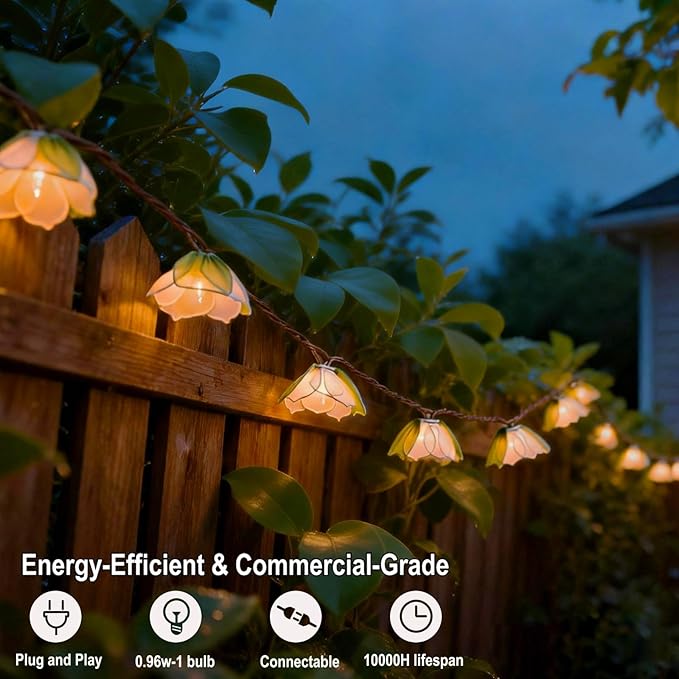 TWINKVILLA Decorative String Lights Plug in with 10 Bulbs, Flower Garland Fairy Lights Connectable Weatherproof Outdoor Indoor for Wedding Pergola Bedroom Porch Floral Home Decor (Green White)