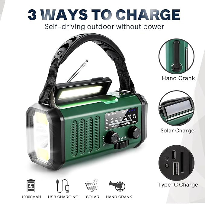 Hand Crank Emergency Radio, NOAA Weather Radio with AM/FM Solar Radio,10000mAh Rechargeable Battery Powered, USB-C Charger, Flashlight, SOS Alarm, for Storm, Hurricanes Outdoor Survival Emergencies